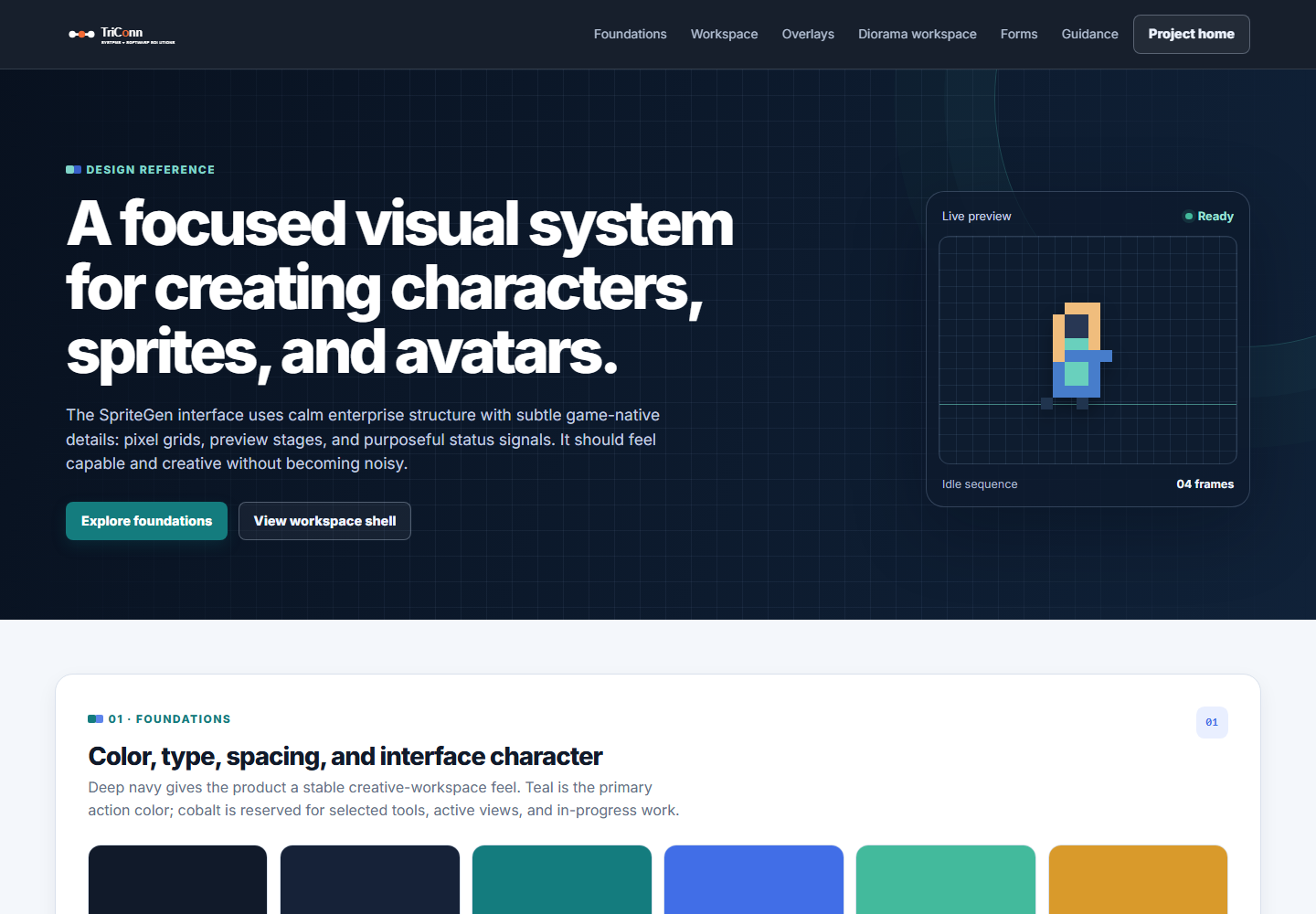 TriConn Visual Asset Studio UI showcase showing its product foundations, creative workspace, interface patterns, and live character preview